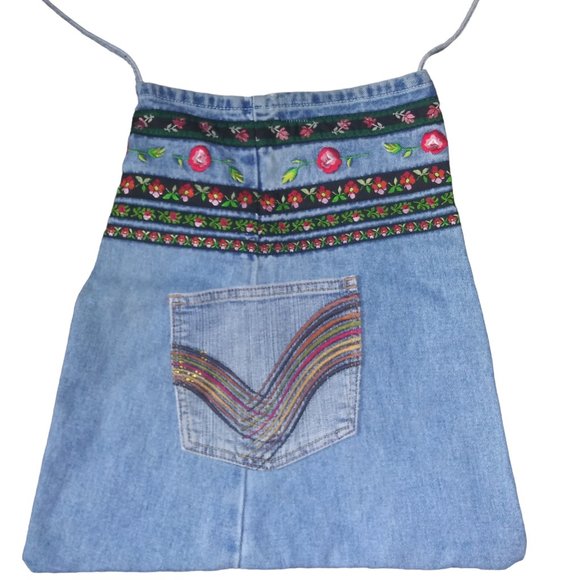 VTG Denim Blue Jean Crossbody Red Floral Pocket Rainbow Striped Tote Handbag HTF - Picture 1 of 5